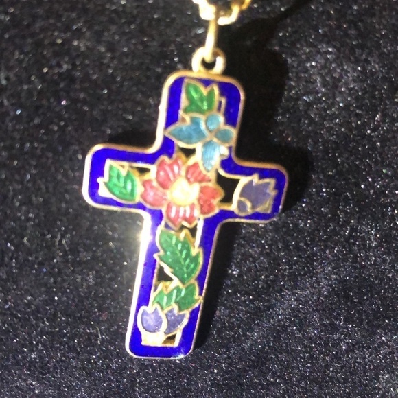 Cobalt Blue floral cloisonné vintage cross pendent on chain necklace​ - Picture 3 of 7